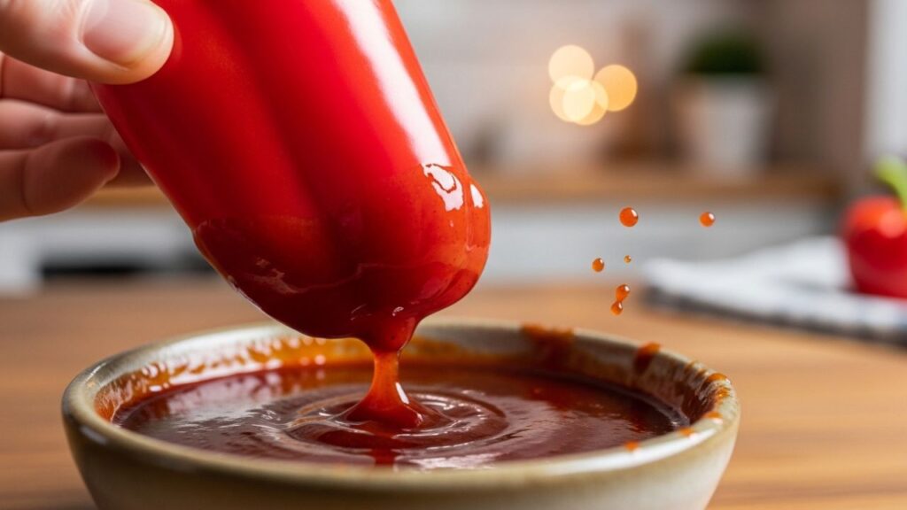 _A blistered shishito pepper being dipped into a garlic aioli sauce.