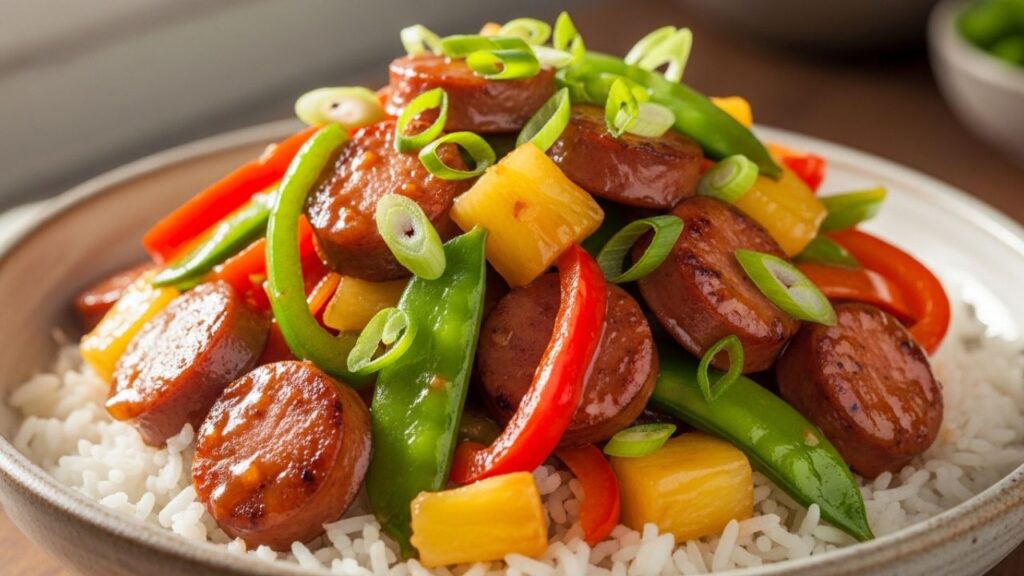 A bowl of tropical sausage stir-fry with rice and green onions.