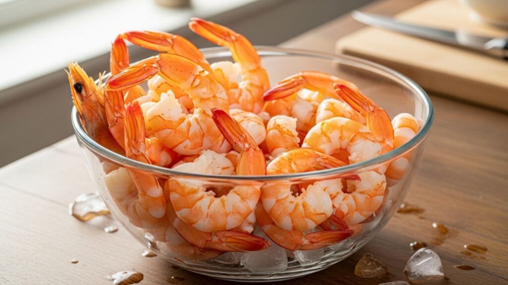 A bowl of various sizes of shrimp showing the difference between Jumbo and Medium.