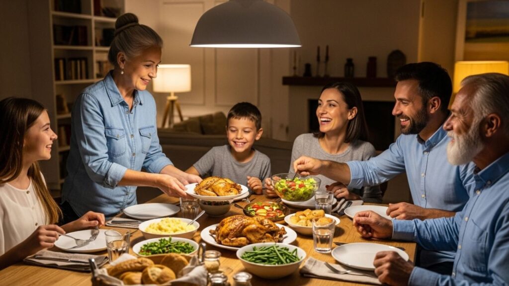 A group of people sharing a large seafood molcajete with tortillas.