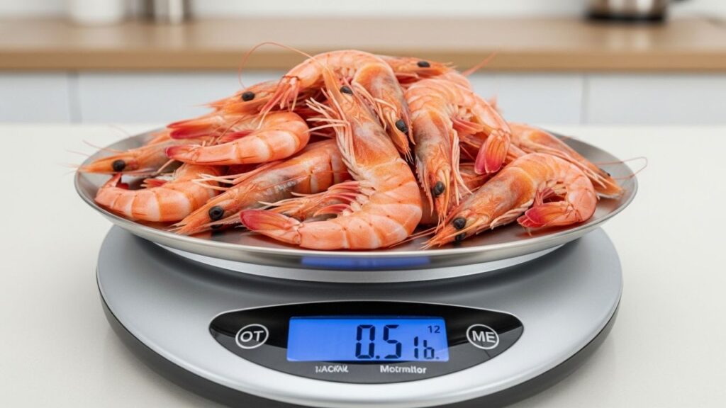 A kitchen scale weighing out 0.5 lbs of shrimp.
