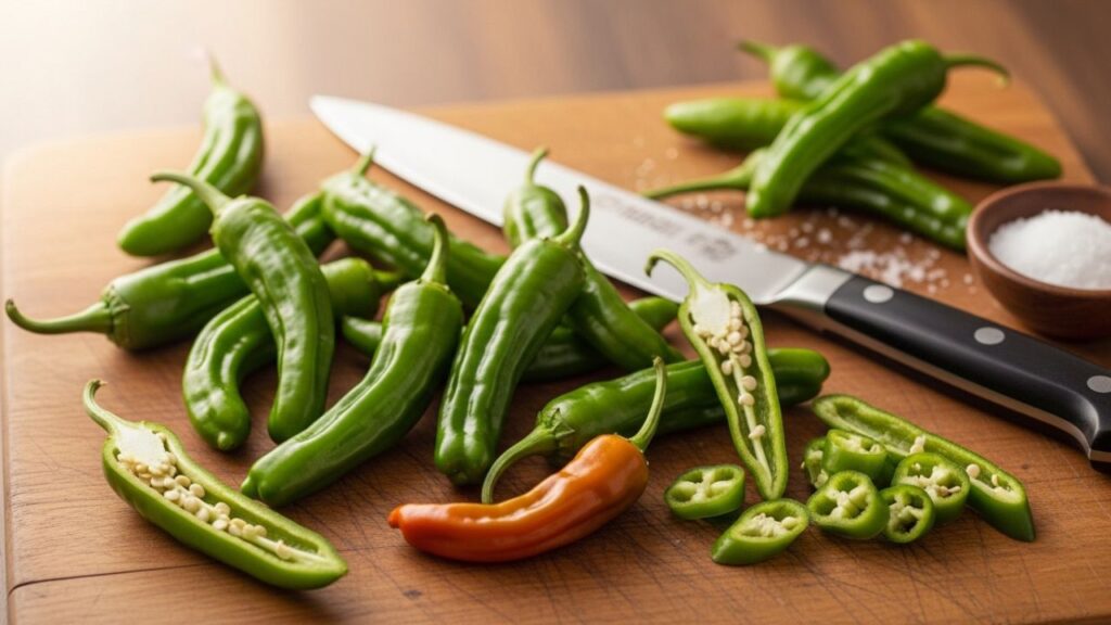 A pile of fresh, glossy green shishito peppers ready for cooking.
