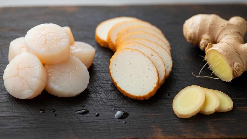 A shot showing raw scallops, sliced fishcakes, and fresh ginger.