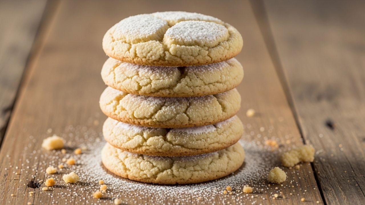 A stack of thick, soft-baked Mildred Ricke sugar cookies on a wooden background.