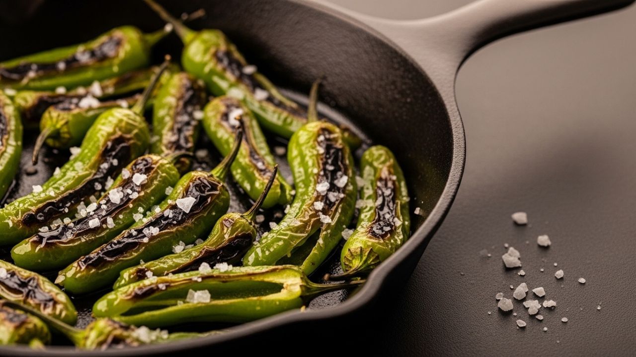 A top-down view of charred green shishito peppers in a cast iron pan.