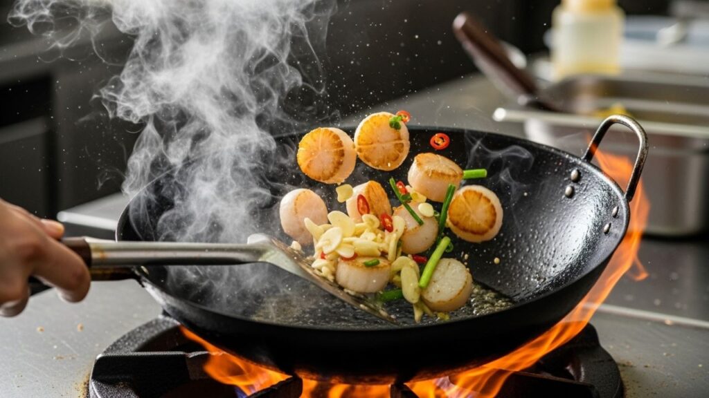 _Action shot of the scallops being flipped in the wok.
