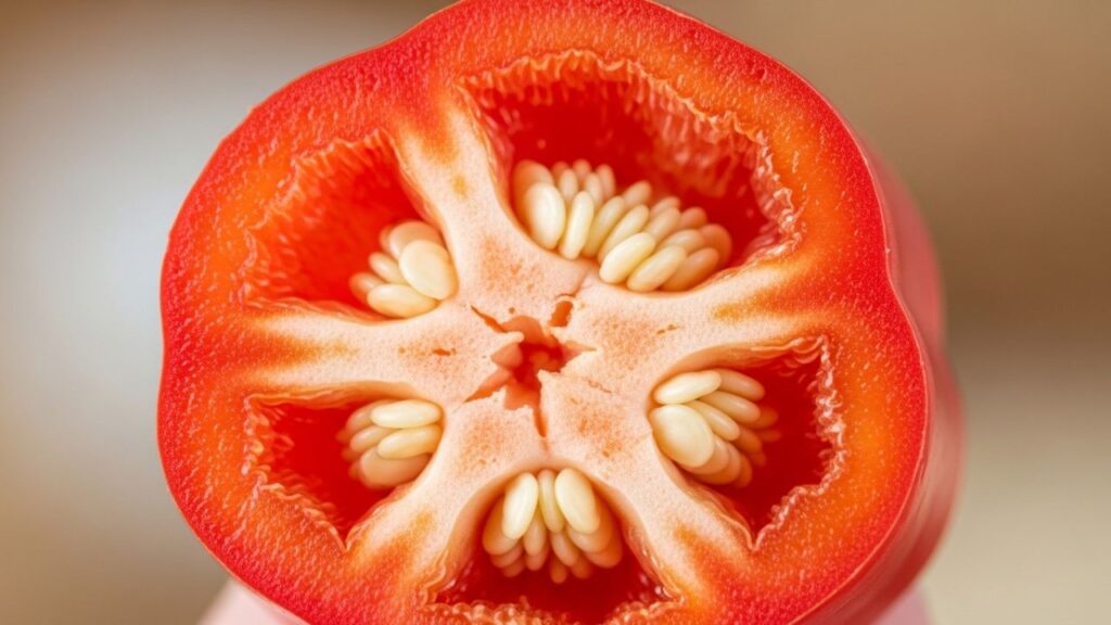 Close up of a sliced pickled pepper showing firm texture