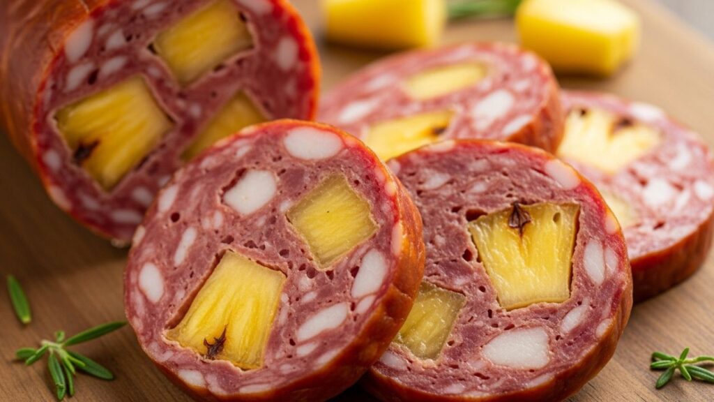 Close-up of sliced sausage showing real pineapple pieces inside.