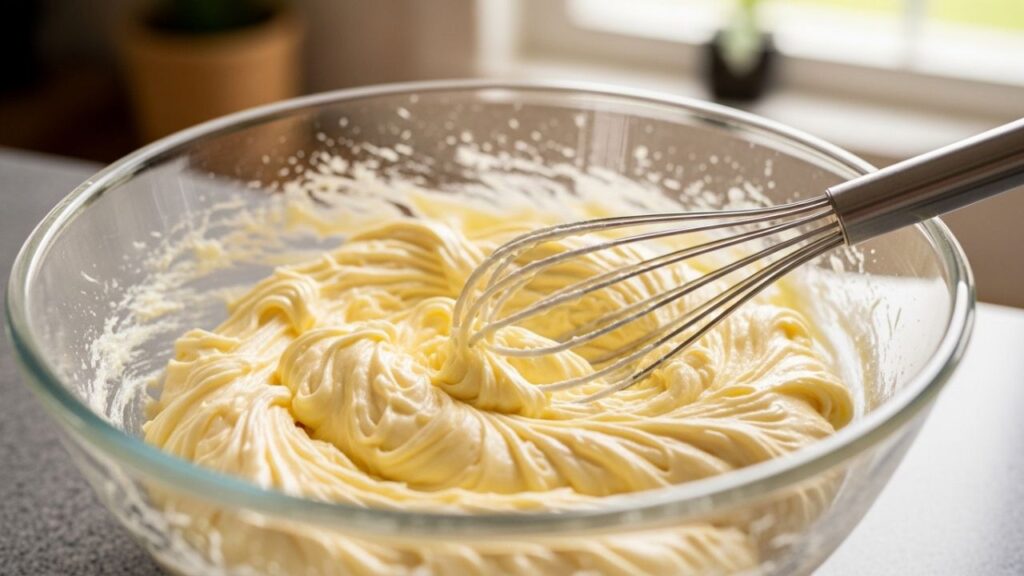 Creamed butter and sugar in a mixer bowl showing a fluffy texture.