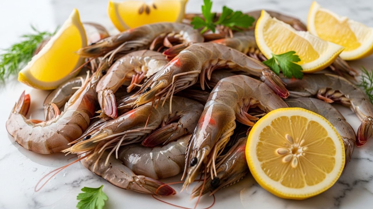 Fresh raw shrimp on a marble surface with lemon.