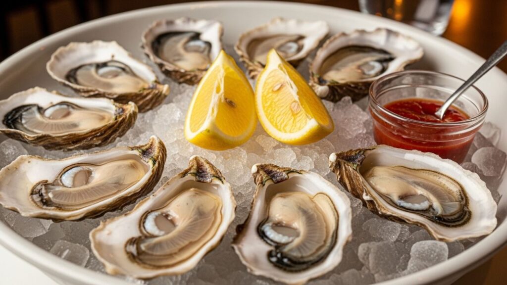 Freshly shucked Gulf oysters on ice at Garys Oyster Shack.