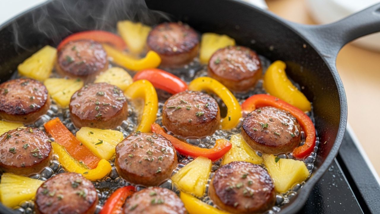 Sizzling pineapple chicken sausage rounds with peppers and pineapple chunks in a skillet.