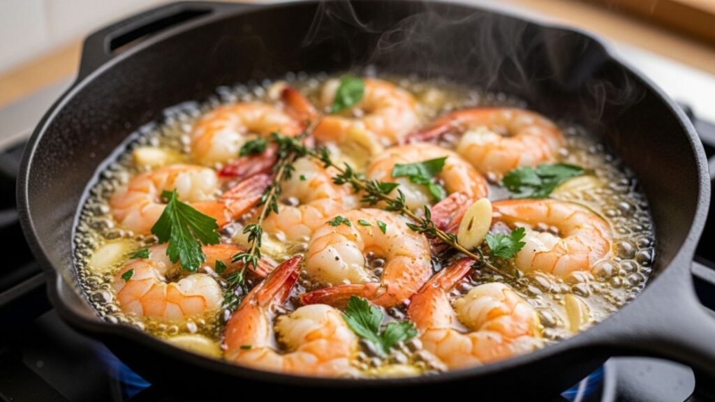 Sizzling shrimp in a pan with herbs and garlic.