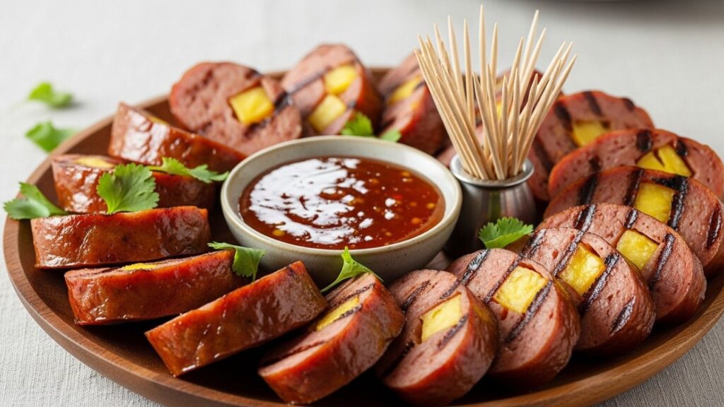 _Sliced pineapple sausages on a platter with dipping sauce and toothpicks.