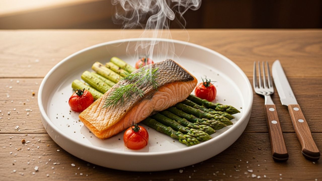 _Top of the post. High-angle shot of the finished dish with steam rising.