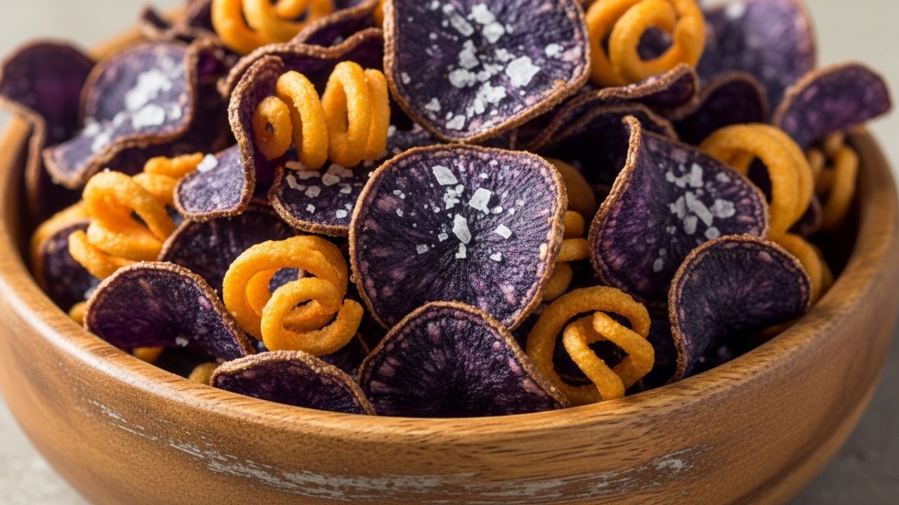 _A bowl of crunchy roasted purple sweet potato skin chips with sea salt.