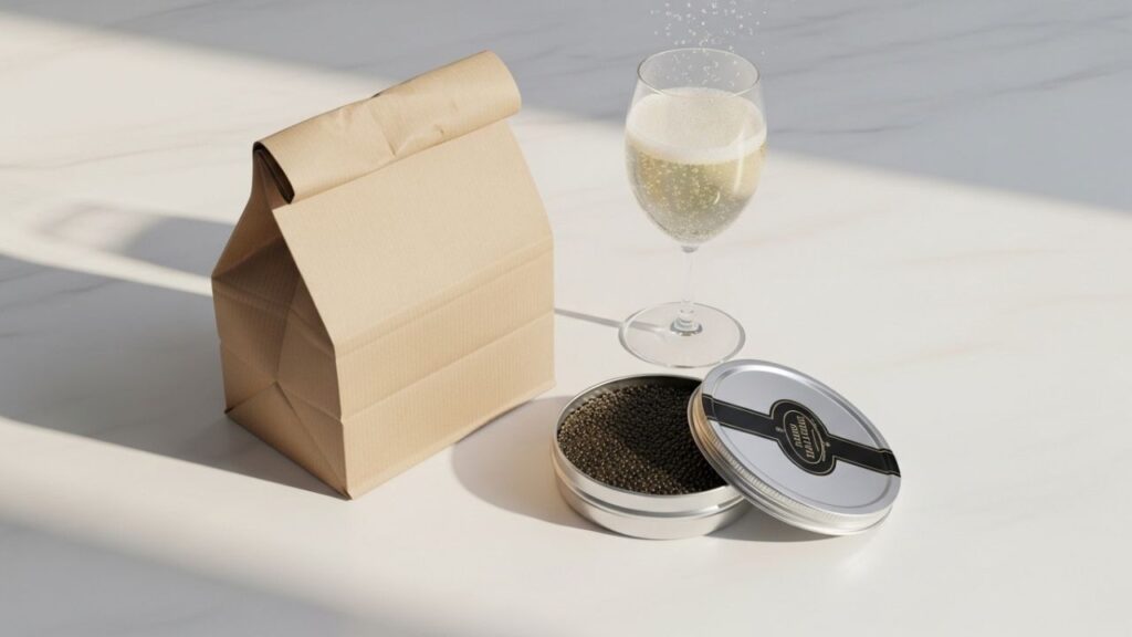 _A contrast of fast food and luxury dining elements on a wooden table.