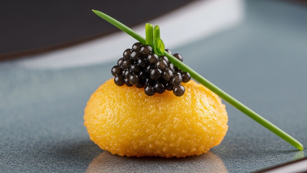 A high-end presentation of a chicken nugget topped with expensive sturgeon caviar.
