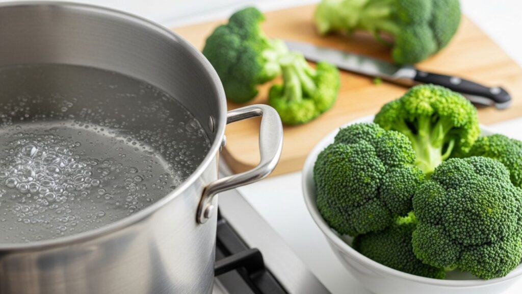 A pot of boiling water and an ice bath used for blanching broccoli
