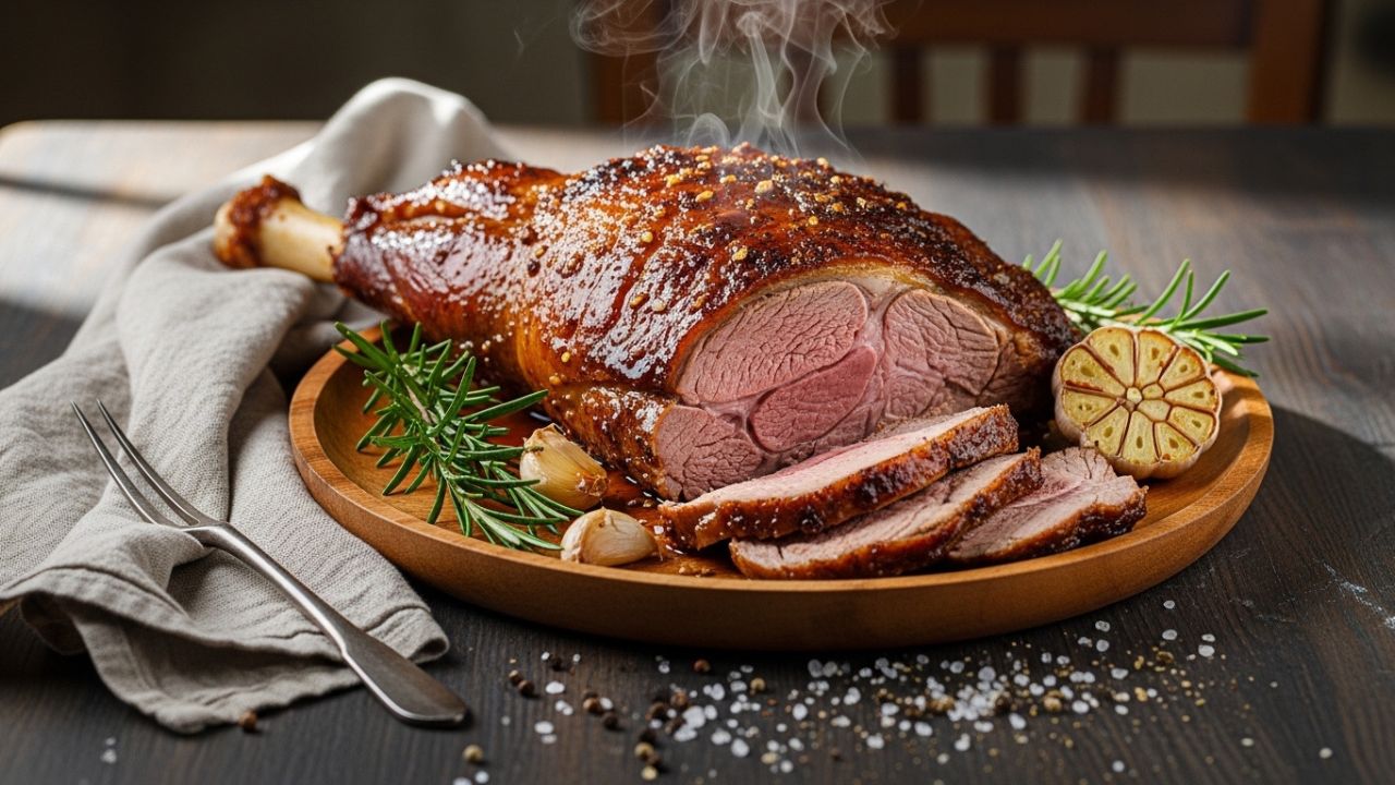 A succulent roasted leg of lamb seasoned with rosemary and garlic on a wooden board.