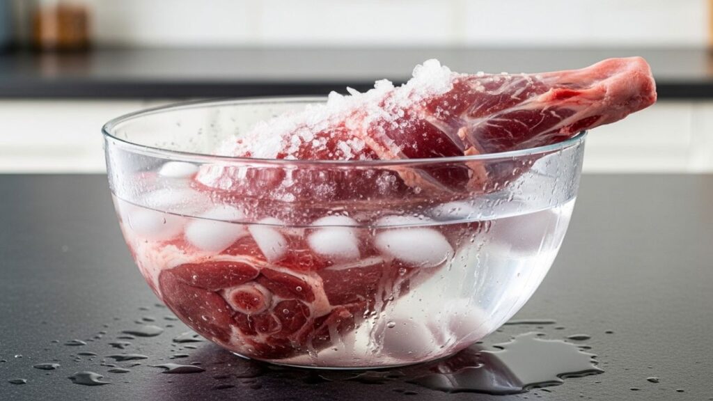 A vacuum-packed leg of lamb being thawed in a bowl of cold water.