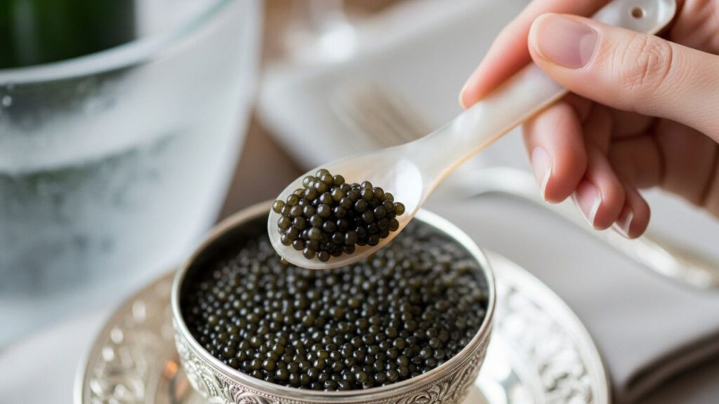 _An appetizer platter featuring elevated chicken nuggets with various caviar toppings.