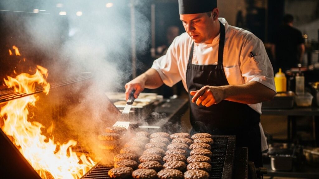 _Becks Prime chefs cooking burgers over real mesquite wood flames.