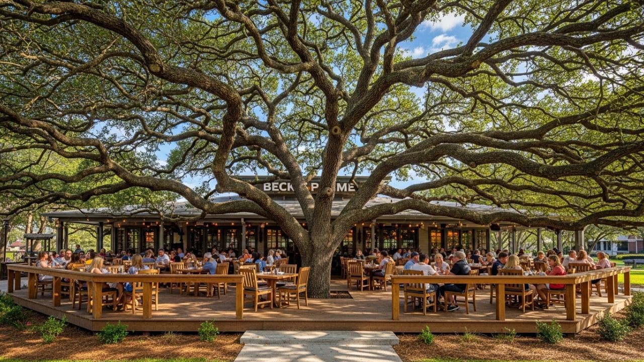 Becks Prime restaurant exterior featuring famous oak tree seating.