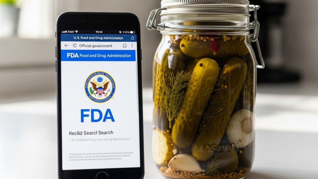 Checking the gedney foods company pickle recall fda alert on a smartphone.