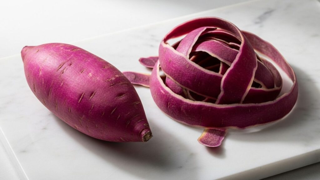 Freshly peeled purple sweet potato skins ready for roasting.