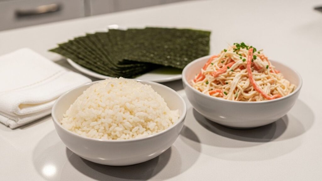 Ingredients for making sushi including rice, nori, and crab salad.