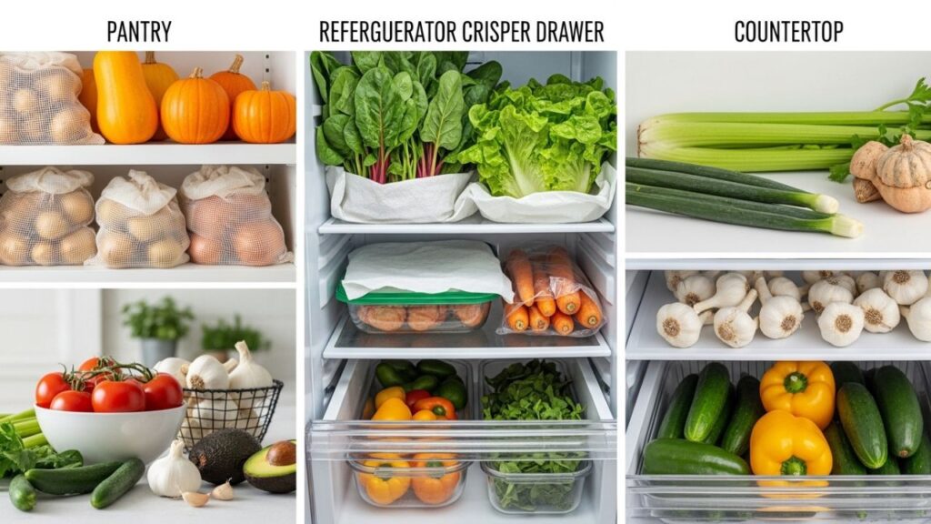 Interior of a refrigerator with vegetables stored in breathable bags