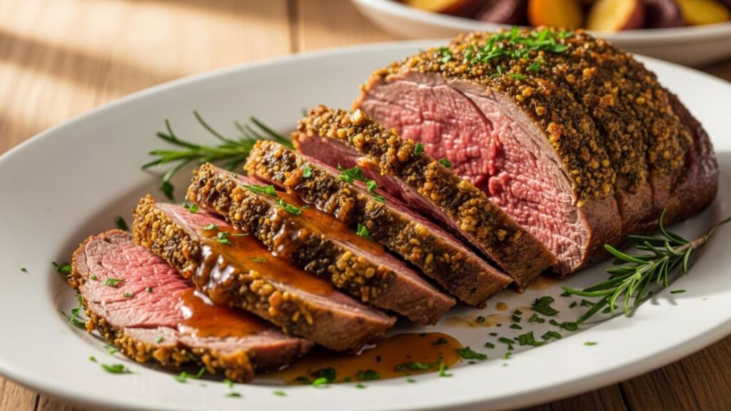 Perfectly sliced medium-rare leg of lamb served with garnishes.